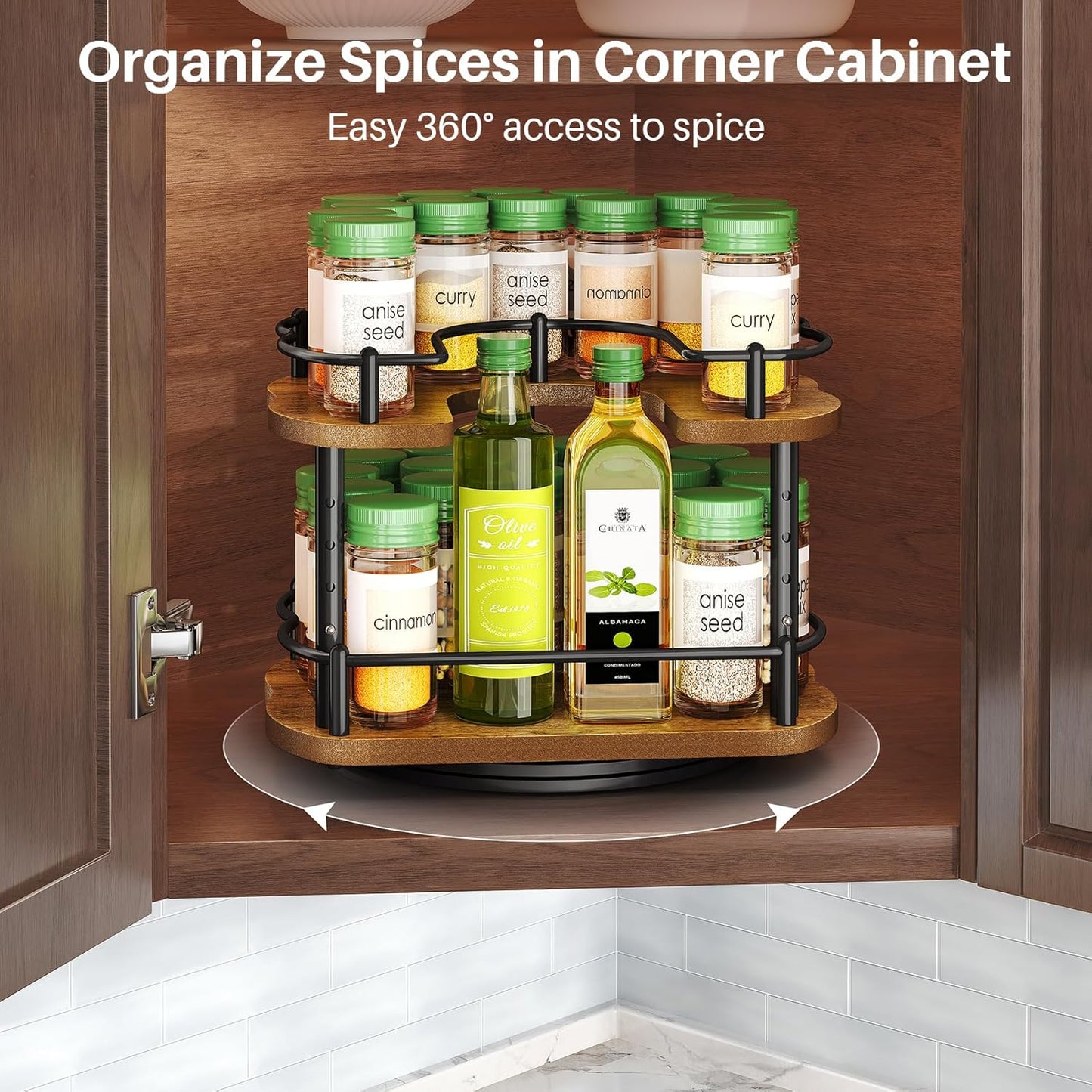 Spice Rack Organizer for Cabinet - Height Adjustable Rotating Lazy Susan, Wooden Spice Organization for Tabletop, Pantry, or Kitchen Counter, Fits Cabinets Over 11" Wide and 10.3" High