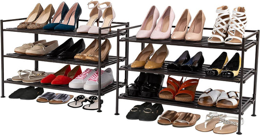 Seville Classics Sturdy Freestanding Storage Shelf for Bedroom, Closet, Entryway, Dorm Room Organizer, Stackable Durable Metal Shoe Rack, Espresso Slat, 3-Tier (2-Pack)