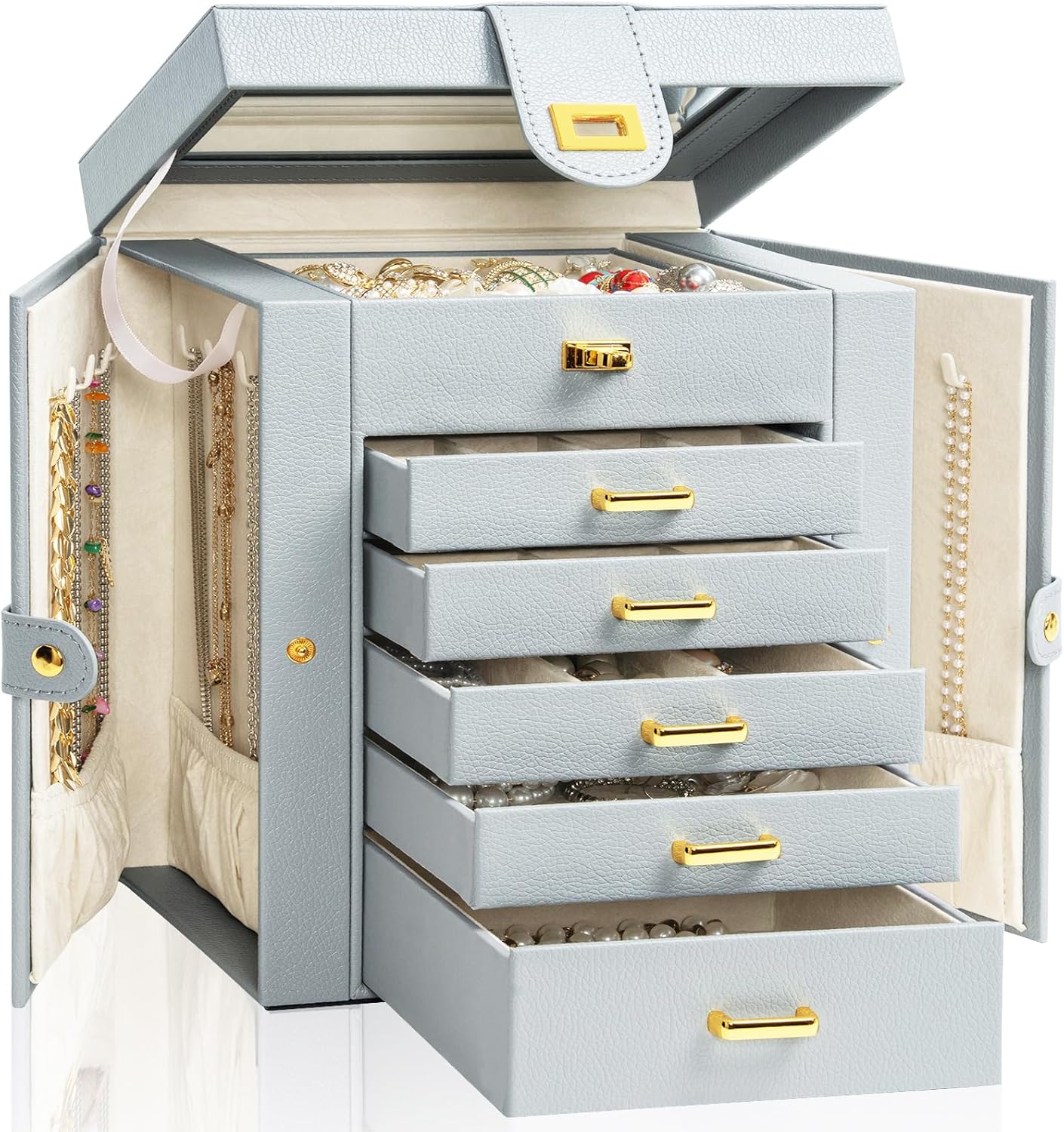 AKOZLIN Huge Jewelry Box Organizer Functional Lockable, Large Leather Jewelry Storage Case for Women Girls Ring Necklace Earring Bracelet Holder Organizer with Mirror