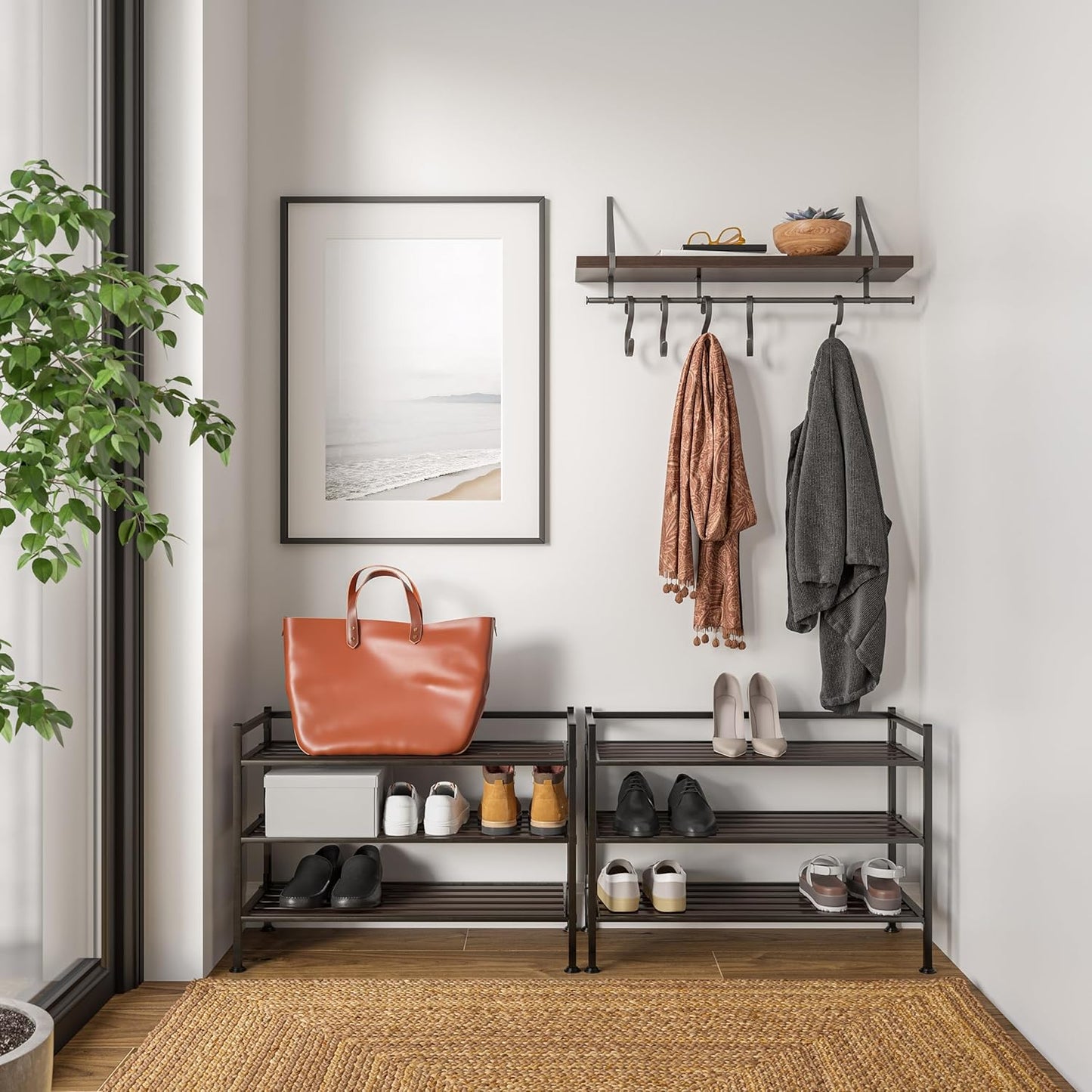 Seville Classics Sturdy Freestanding Storage Shelf for Bedroom, Closet, Entryway, Dorm Room Organizer, Stackable Durable Metal Shoe Rack, Espresso Slat, 3-Tier (2-Pack)