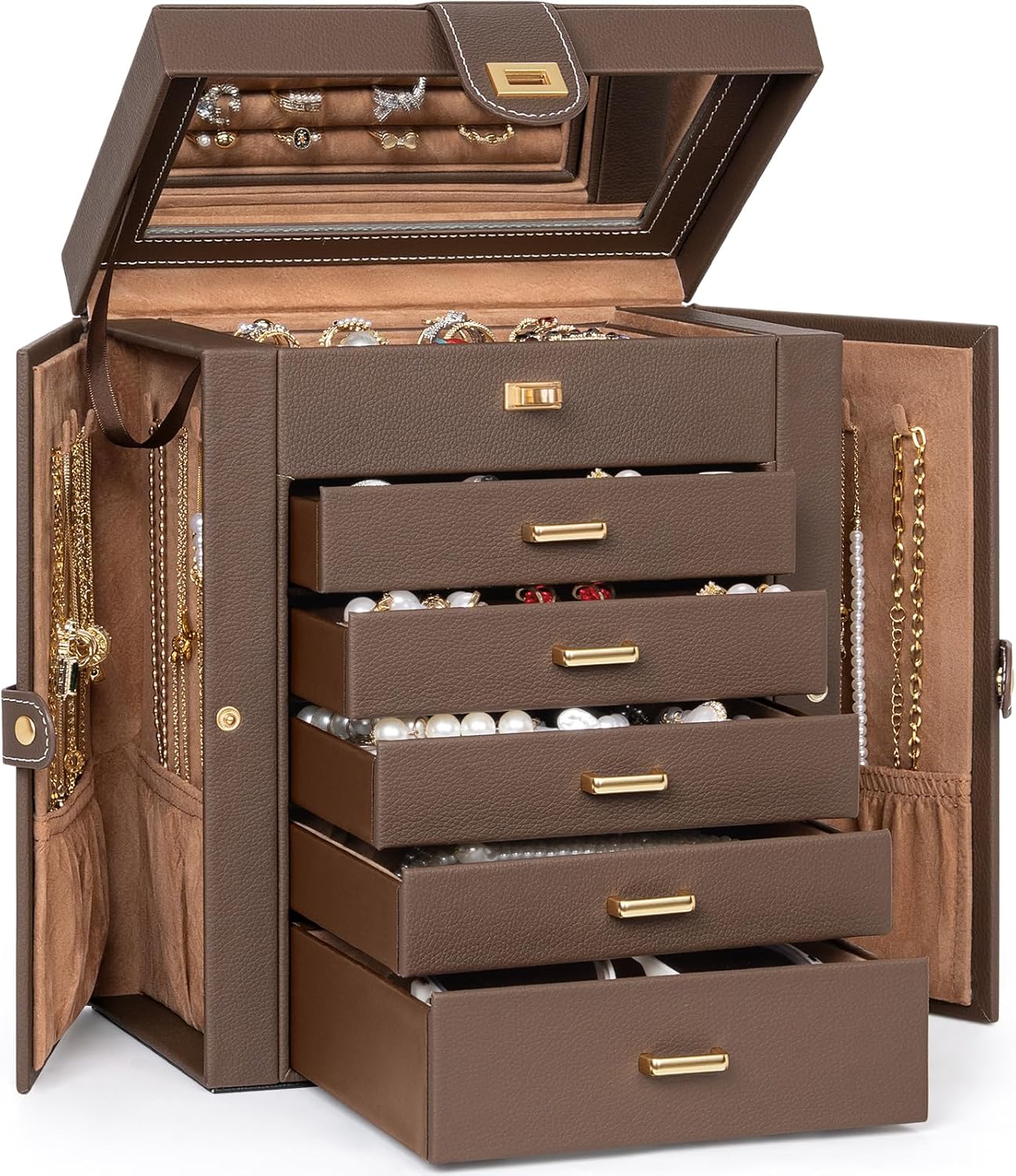 AKOZLIN Huge Jewelry Box Organizer Functional Lockable, Large Leather Jewelry Storage Case for Women Girls Ring Necklace Earring Bracelet Holder Organizer with Mirror