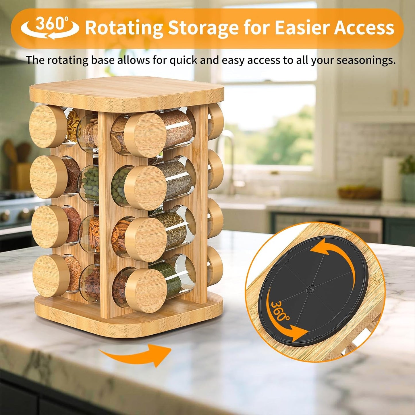 16-Jar Rotating Countertop Spice Rack Organizer,A Cabinet-Compatible Spice Rack Organizer,High-Aesthetic Wooden Countertop Tower Storage Box, Equipped With Reusable Diy Labels/Strainer/Marker