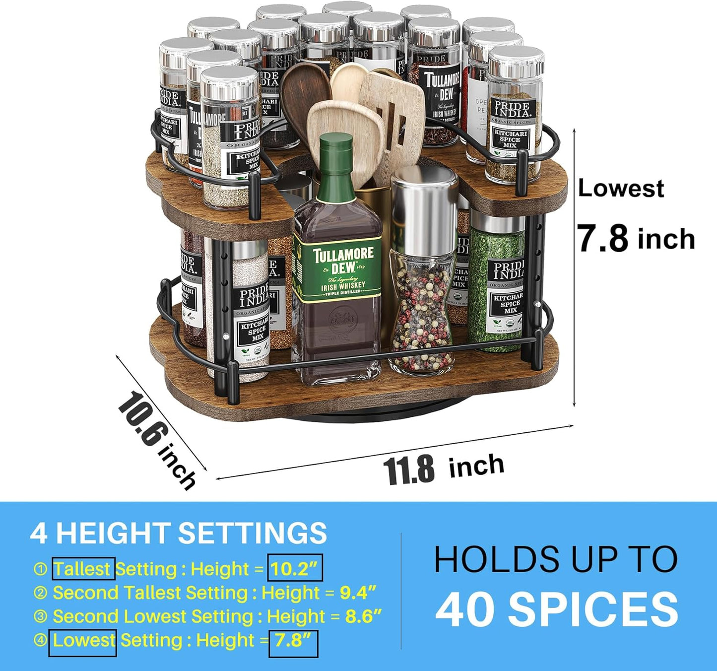 Lazy Susan Organizer Spice Rack - Spice Organization for Cabinet Height Adjustable Rotating Lazy Turntable, Pantry Kitchen Wood Revolving Seasoning Organizer (12 Inch)