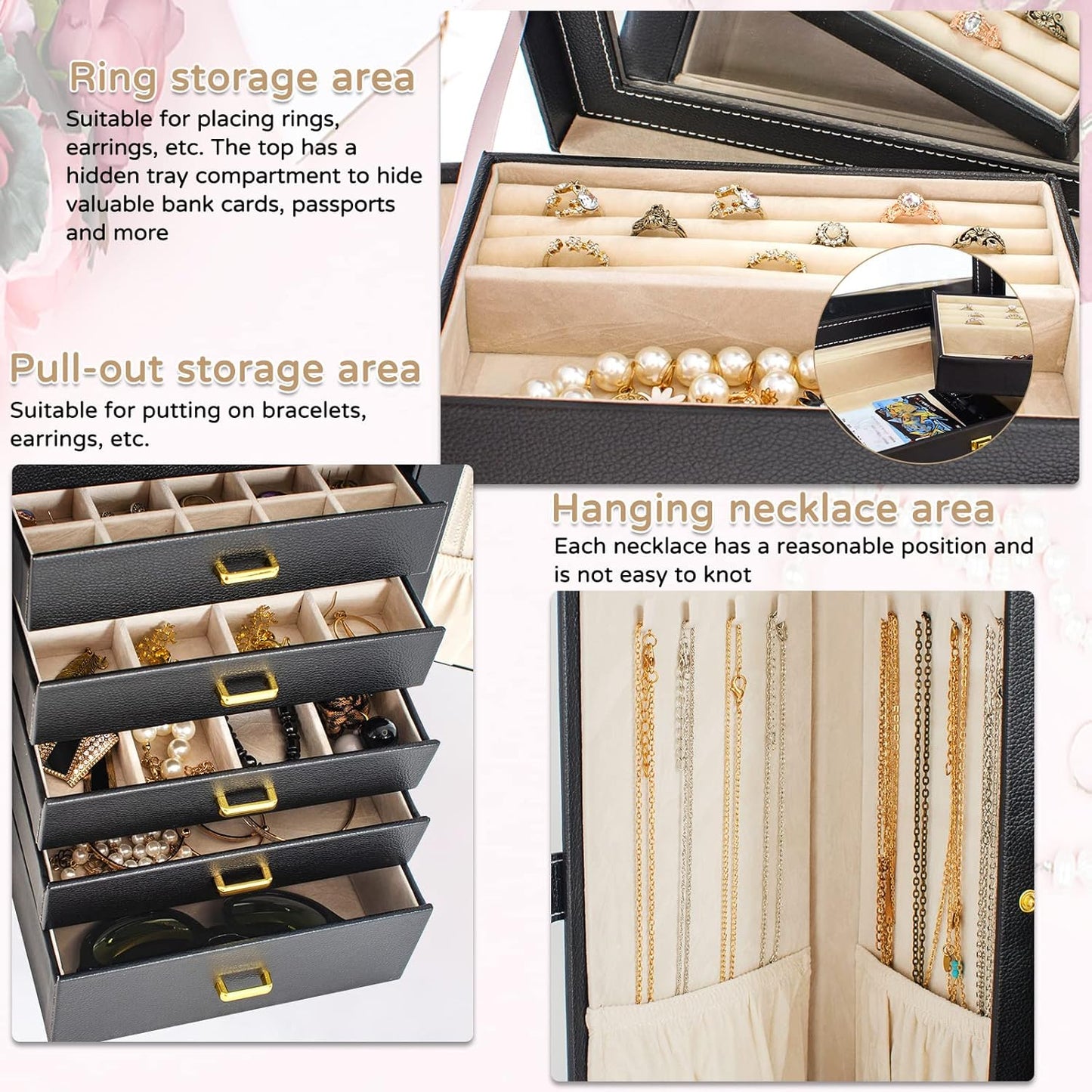 AKOZLIN Huge Jewelry Box Organizer Functional Lockable, Large Leather Jewelry Storage Case for Women Girls Ring Necklace Earring Bracelet Holder Organizer with Mirror