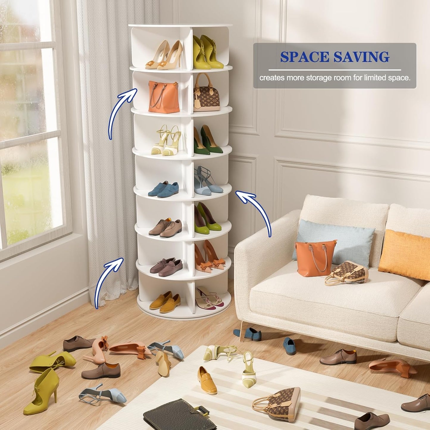 7 Tier Rotating Shoe Rack Tower, Free Standing 360° Shoe organizer Lazy Susan, Bag Display Rack Storage Round Carousel, Neat and Elegant Shoe Storage Solution