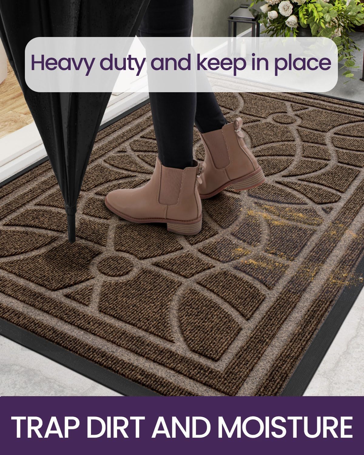 DEXI Front Door Mat Outside Entrance, Heavy Duty Non Slip Low Profile Doormat for Entryway, Trap Dirt and Moisture Welcome Mats, Easy Clean, Patio, Garage, 6x4, Brown