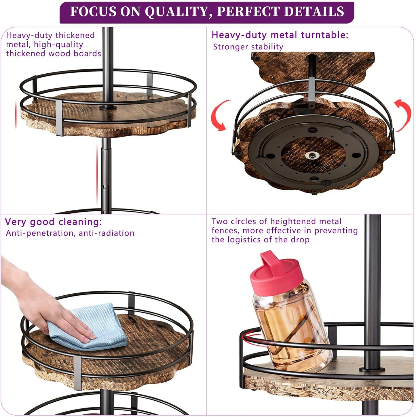 Heavy-Duty 3-Tier Lazy Susan Organizer, Adjustable to Different Heights, Countertop Spice Rack, Upgraded Thickened Wooden Board, Suitable for Seasoning Organizer, Kitchen Organization