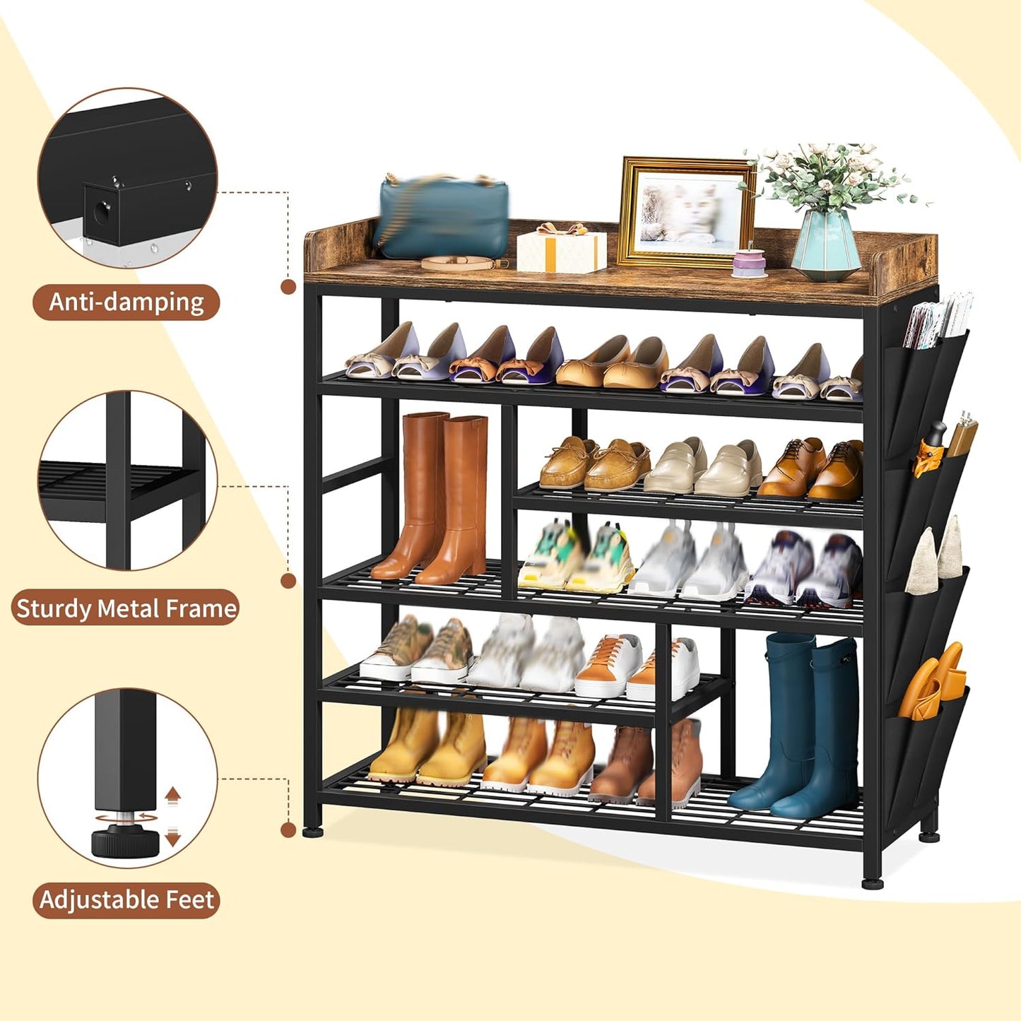 EnHomee Metal Shoe Rack for Entryway, 6 Tier Shoe Storage Organizer Holds 22 Pairs, Wooden Top and Side Pocket for Entry, Entrance, Hallway, Black