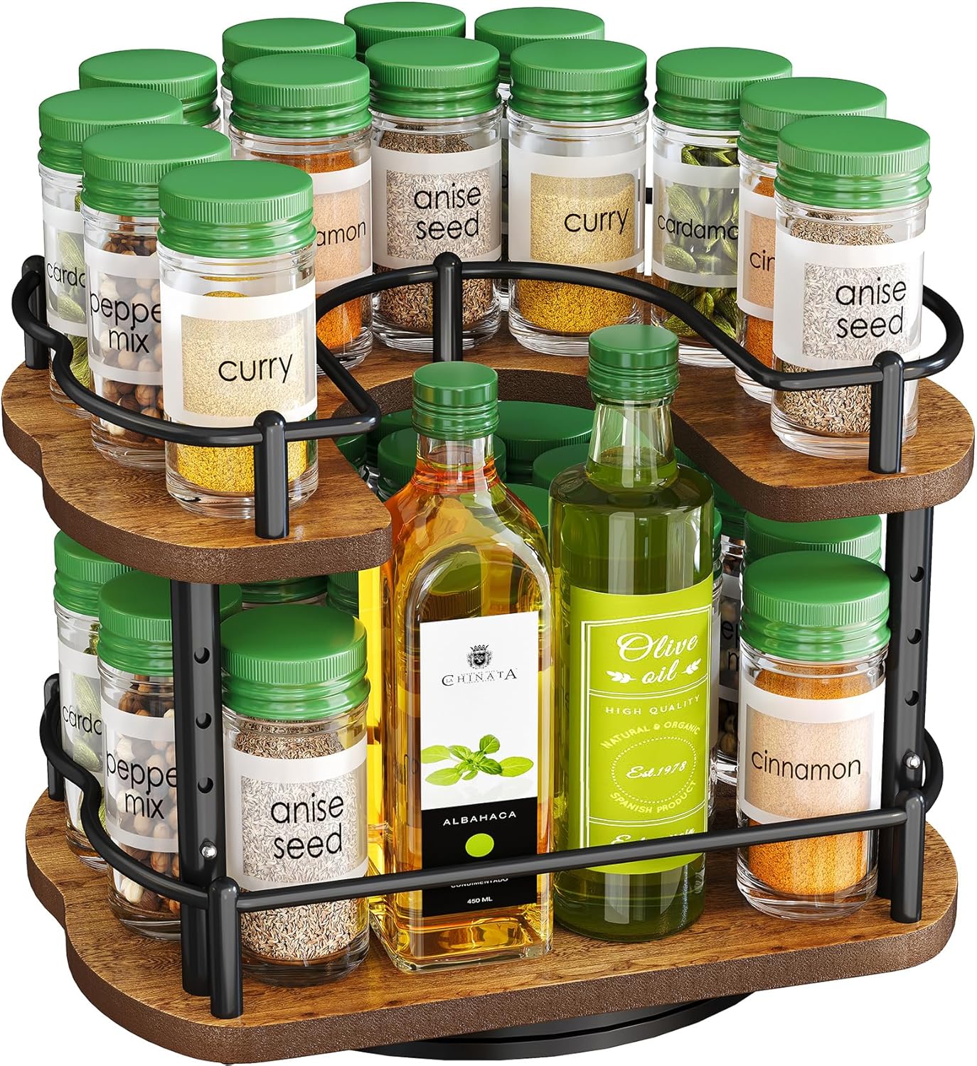 Spice Rack Organizer for Cabinet - Height Adjustable Rotating Lazy Susan, Wooden Spice Organization for Tabletop, Pantry, or Kitchen Counter, Fits Cabinets Over 11" Wide and 10.3" High