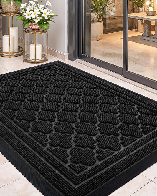 Color&Geometry Front Door Mat Outside Entrance, Heavy Duty Non Slip Low Profile Doormat for Entryway, Trap Dirt and Moisture Welcome Mats All-Weather, Easy Clean, Patio, Garage, 24"x36" Black
