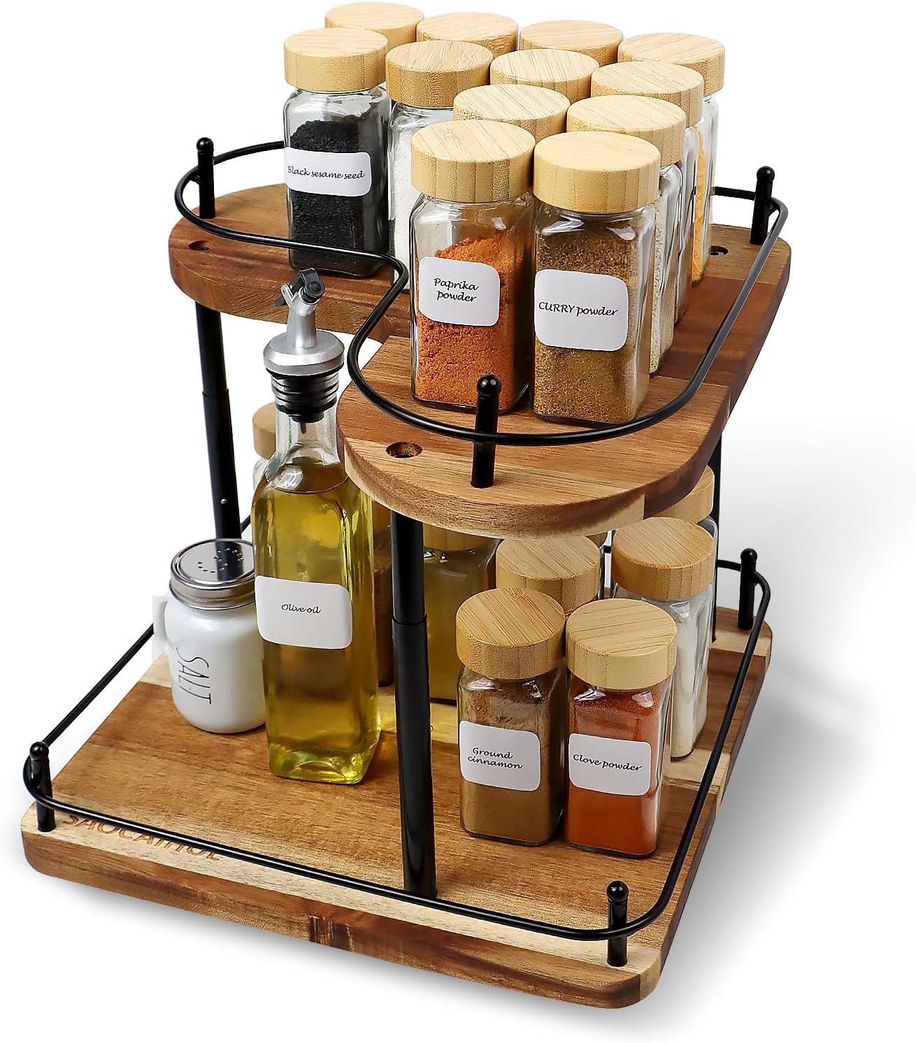 Acacia Wooden Spice Rack Organizer Lazy Susans Rotating Countertop 2 Tiered Display Shelf Kitchen Adjustable Height Spinning Spice Rack 11.8INCH Large Capacity
