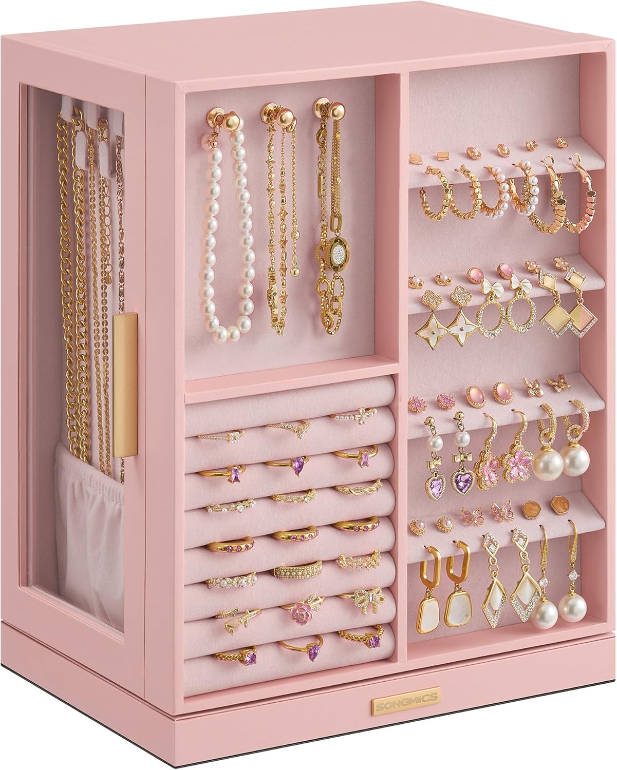 SONGMICS Jewelry Box 360° Rotating, Jewelry Storage Case with 5 Drawers, Jewelry Organizer, Glass Window, Spacious, Vertical Jewelry Storage, Open Design, Great Gift, Cloud White UJBC170W01