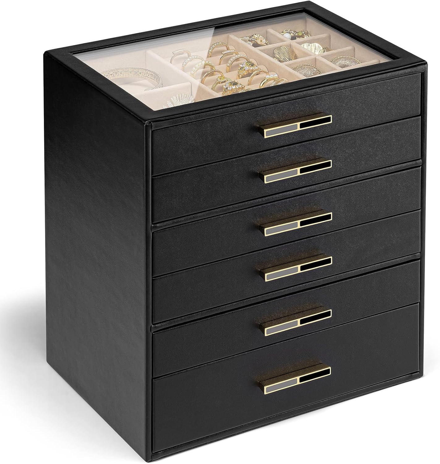 Vlando Jewelry Box for Women, Glass Lid Jewelry Organizer with 3 Drawers for Necklaces Rings Earrings Bracelets Mother Day Gift for Mom - Cloud White