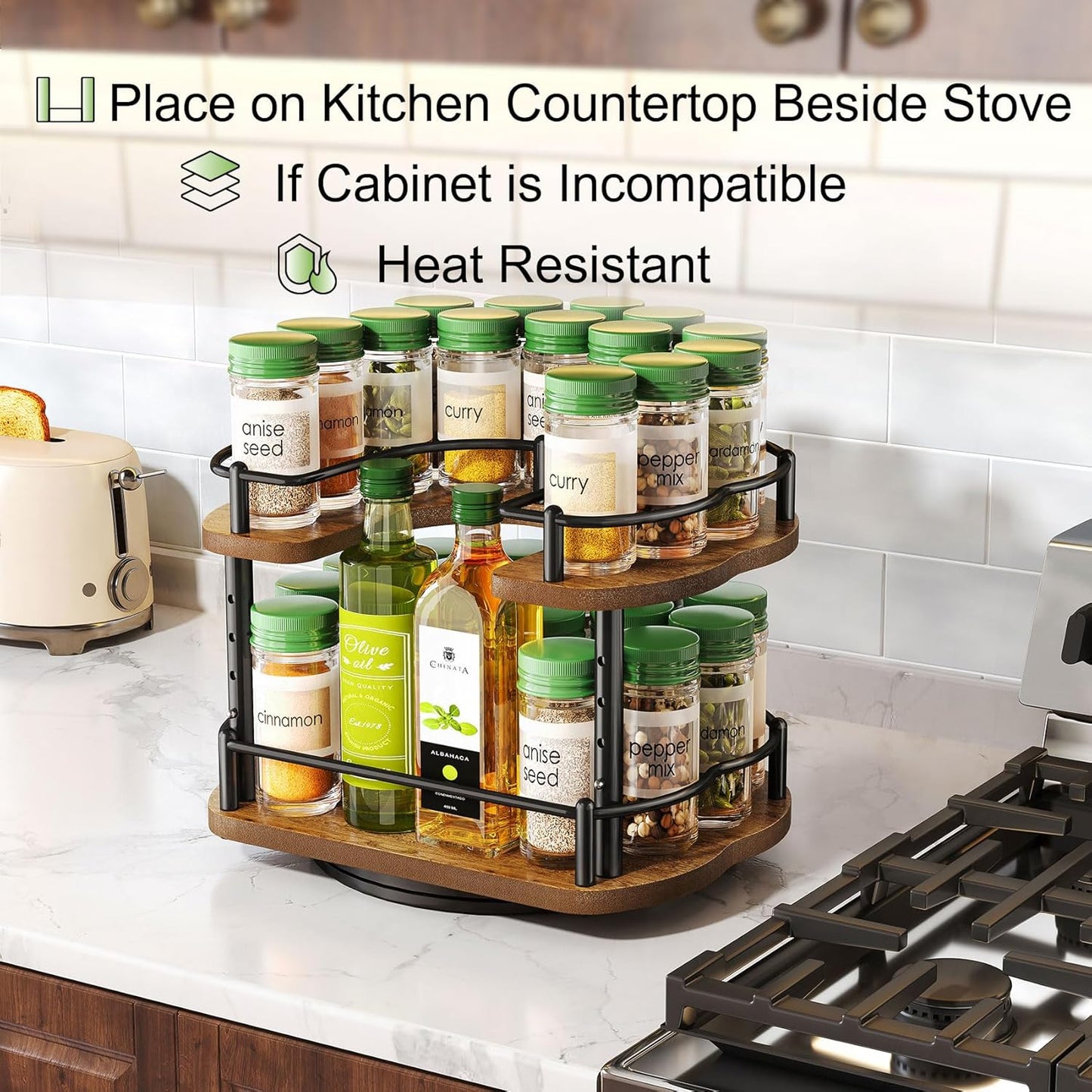 Spice Rack Organizer for Cabinet - Height Adjustable Rotating Lazy Susan, Wooden Spice Organization for Tabletop, Pantry, or Kitchen Counter, Fits Cabinets Over 11" Wide and 10.3" High