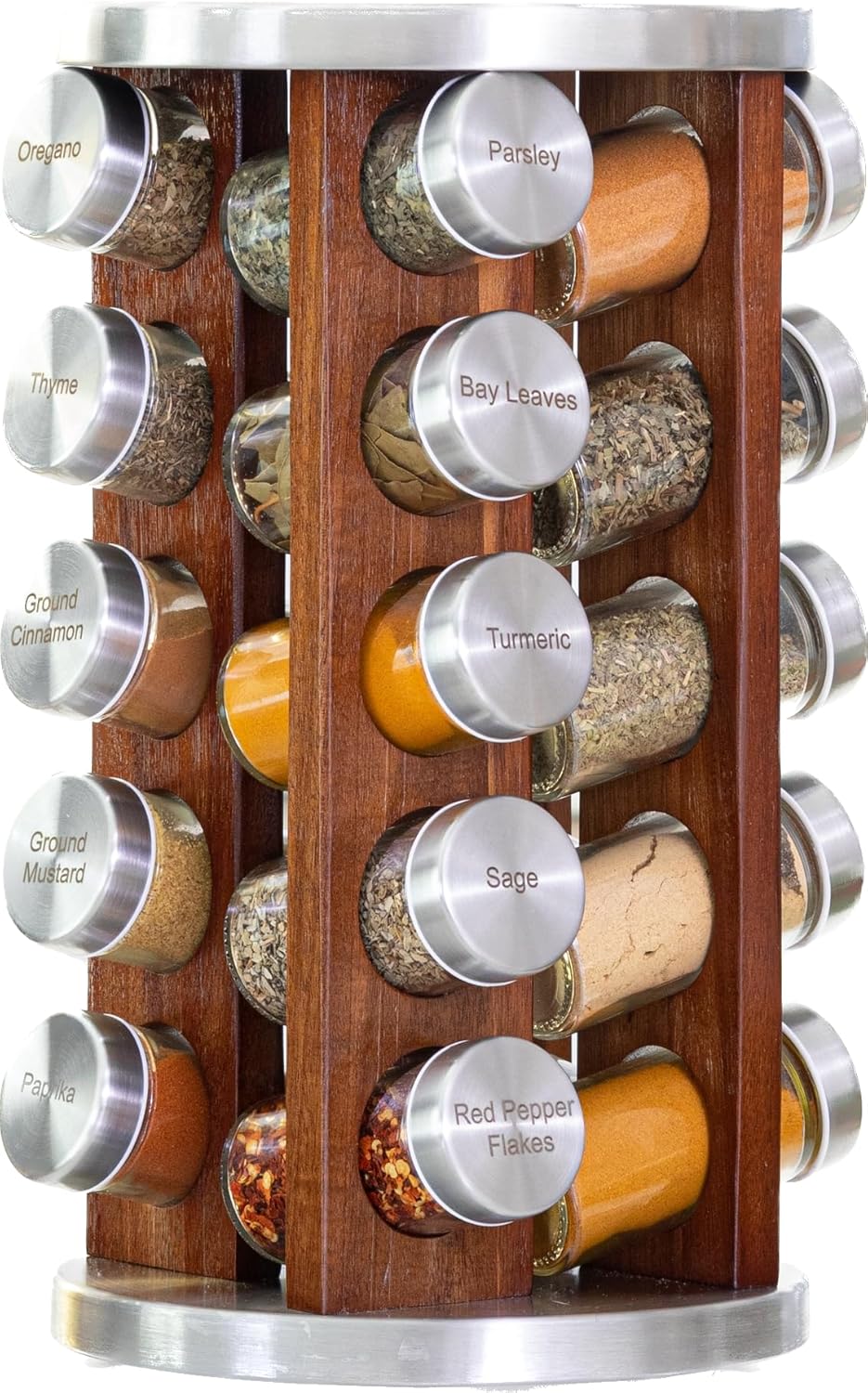 Orii 20 Jar Bamboo Spice Rack with Spices Included - Rotating Tower Organizer for Kitchen Spices and Seasonings, (Bamboo Wood)