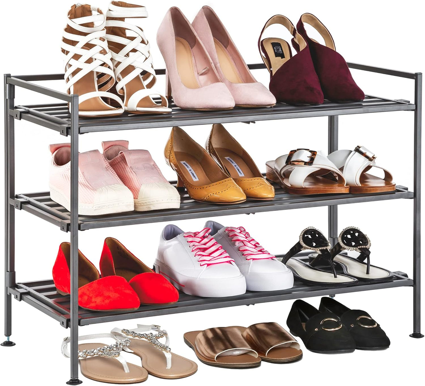 Seville Classics Sturdy Freestanding Storage Shelf for Bedroom, Closet, Entryway, Dorm Room Organizer, Stackable Durable Metal Shoe Rack, Espresso Slat, 3-Tier (2-Pack)