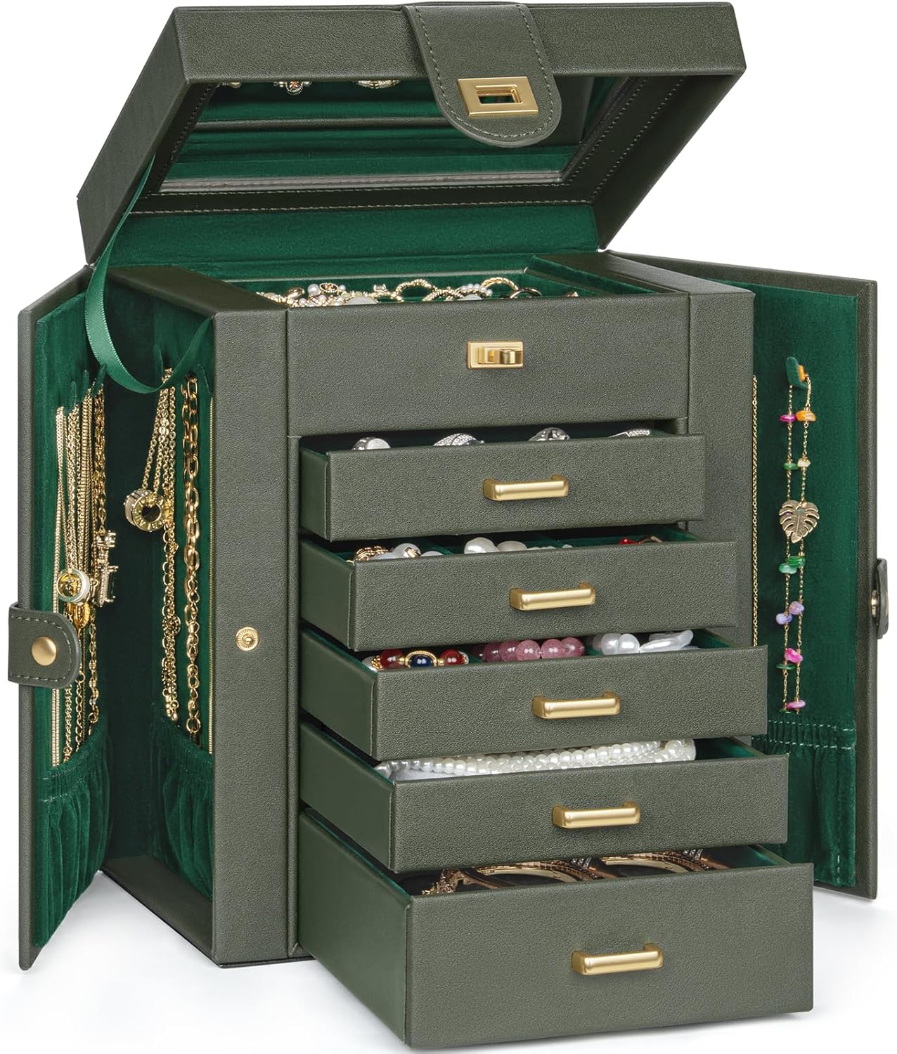 AKOZLIN Huge Jewelry Box Organizer Functional Lockable, Large Leather Jewelry Storage Case for Women Girls Ring Necklace Earring Bracelet Holder Organizer with Mirror