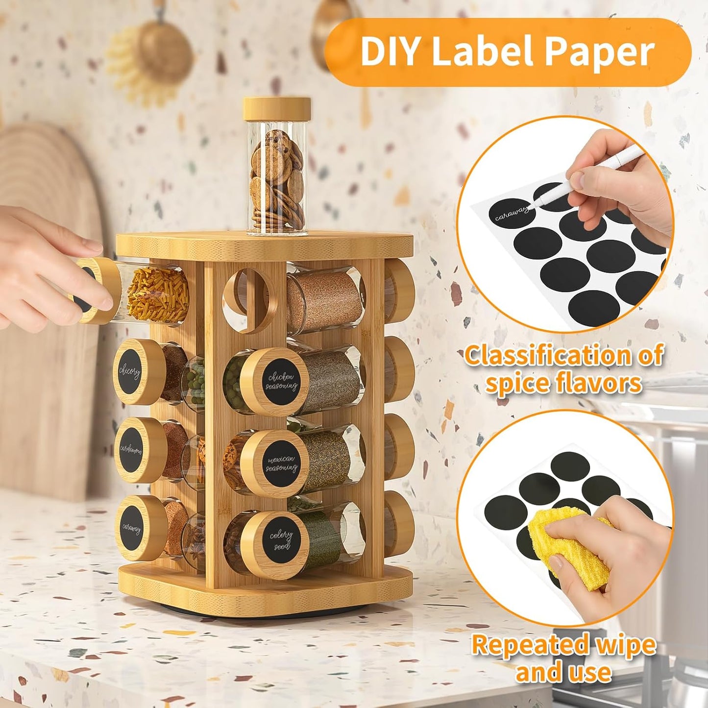 16-Jar Rotating Countertop Spice Rack Organizer,A Cabinet-Compatible Spice Rack Organizer,High-Aesthetic Wooden Countertop Tower Storage Box, Equipped With Reusable Diy Labels/Strainer/Marker
