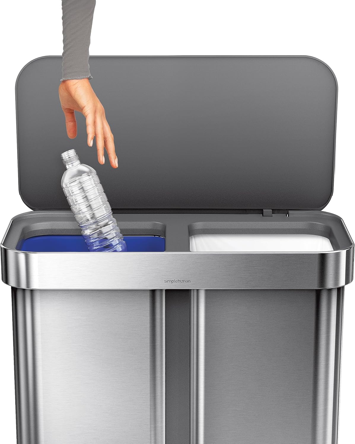 simplehuman 58 Liter / 15.3 Gallon Rectangular Dual Compartment Recycling Step, Brushed Stainless Steel with Soft-Close Plastic Lid Kitchen Trash Can
