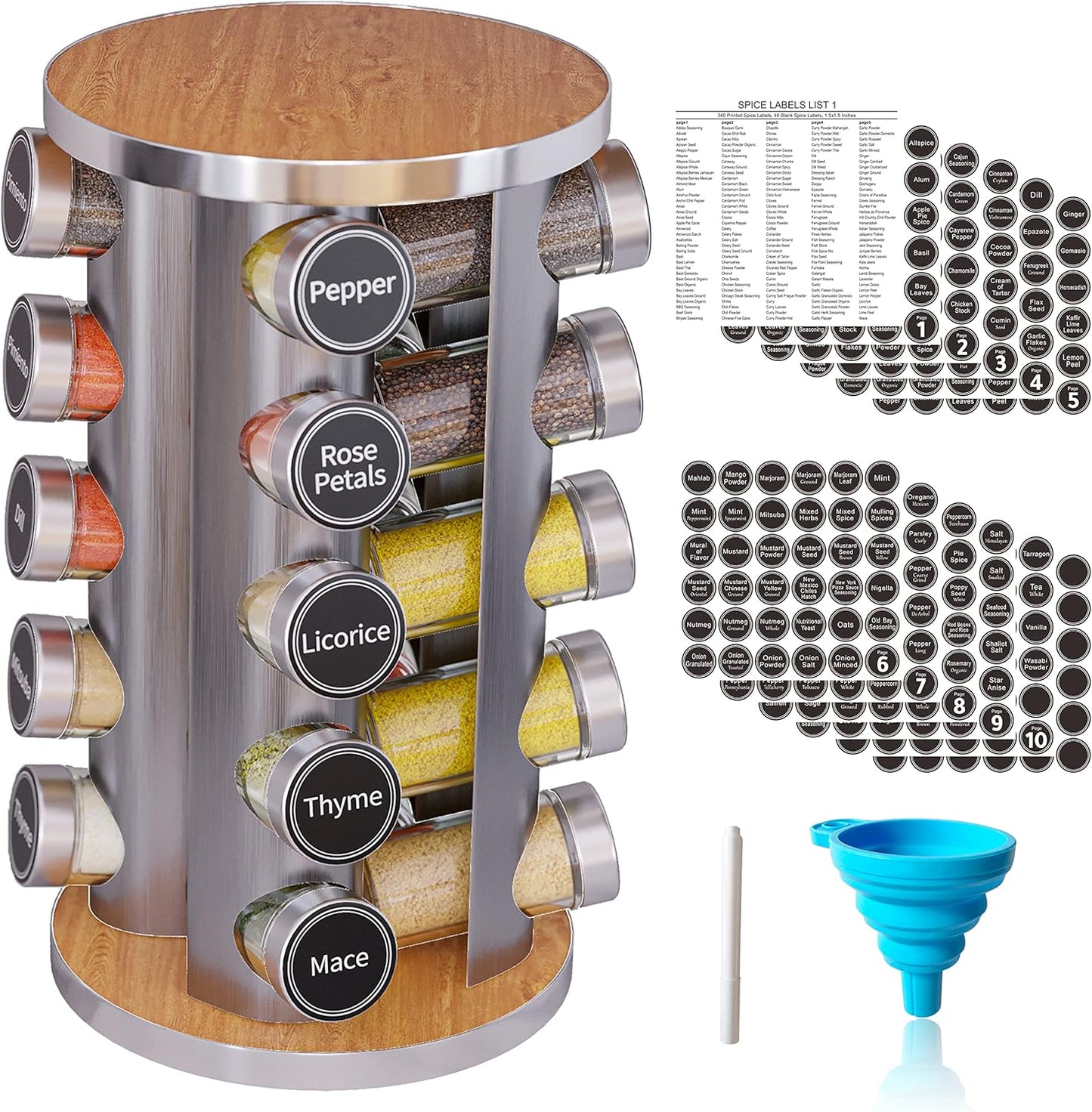 New England Stories Revolving Spice Rack Set with 20 Spice Jars, Kitchen Spice Tower Organizer for Countertop or Cabinet - Carousel Storage Includes 386 Spice Labels (Bamboo)
