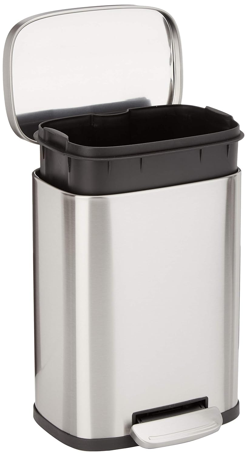 Amazon Basics Smudge Resistant Rectangular Trash Can With Soft-Close Foot Pedal, Brushed Stainless Steel, 30 litre/7.9 Gallon, Satin Nickel Finish, 13.8"L x 11.8"W x 25"H