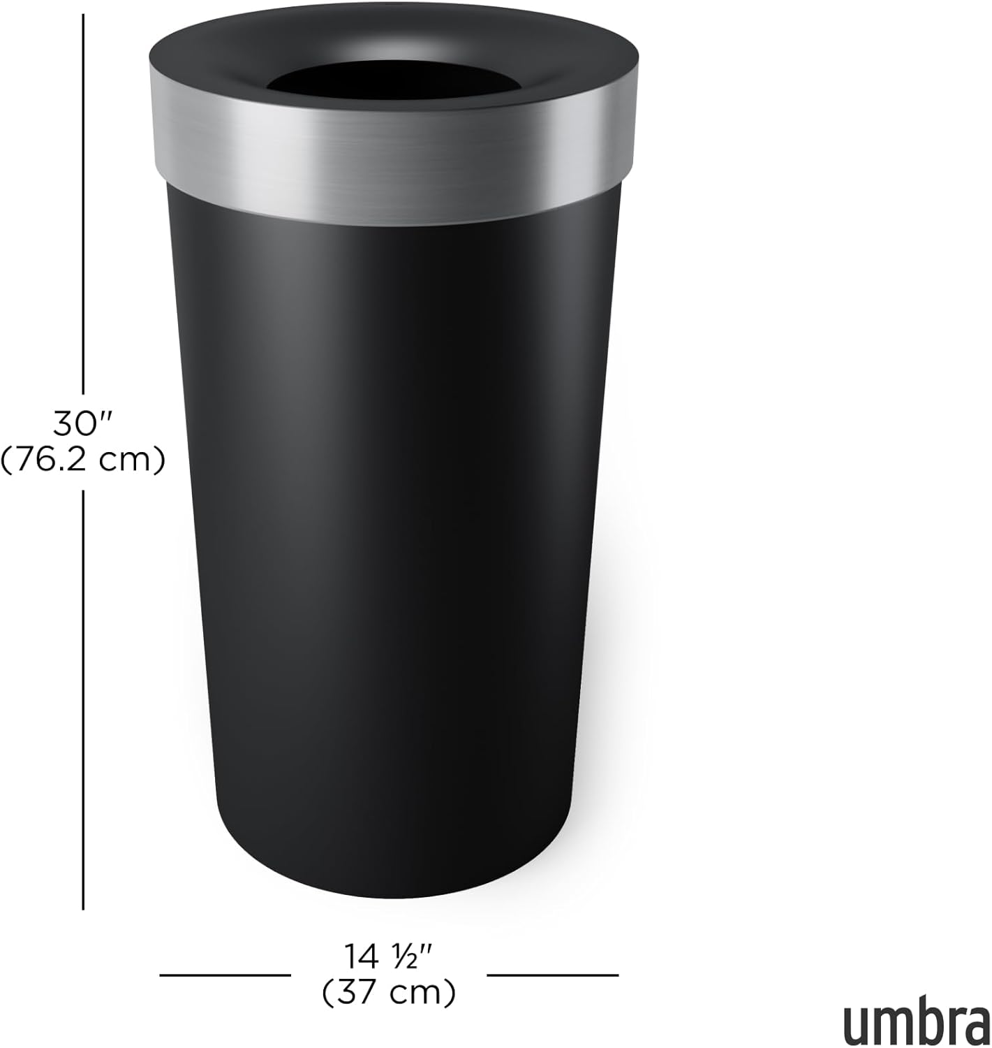 Umbra Vento Kitchen Trash Can with Open Top, Large 16-Gallon (62 L) Capacity, Black/Nickel