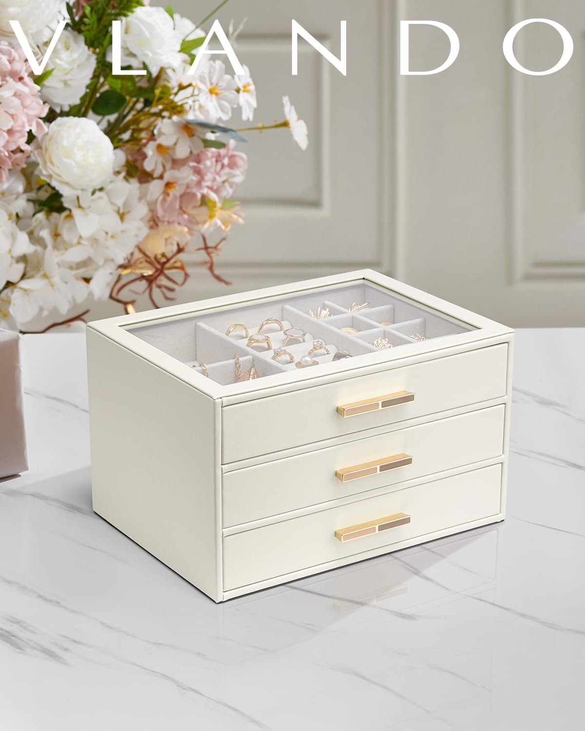 Vlando Jewelry Box for Women, Glass Lid Jewelry Organizer with 3 Drawers for Necklaces Rings Earrings Bracelets Mother Day Gift for Mom - Cloud White