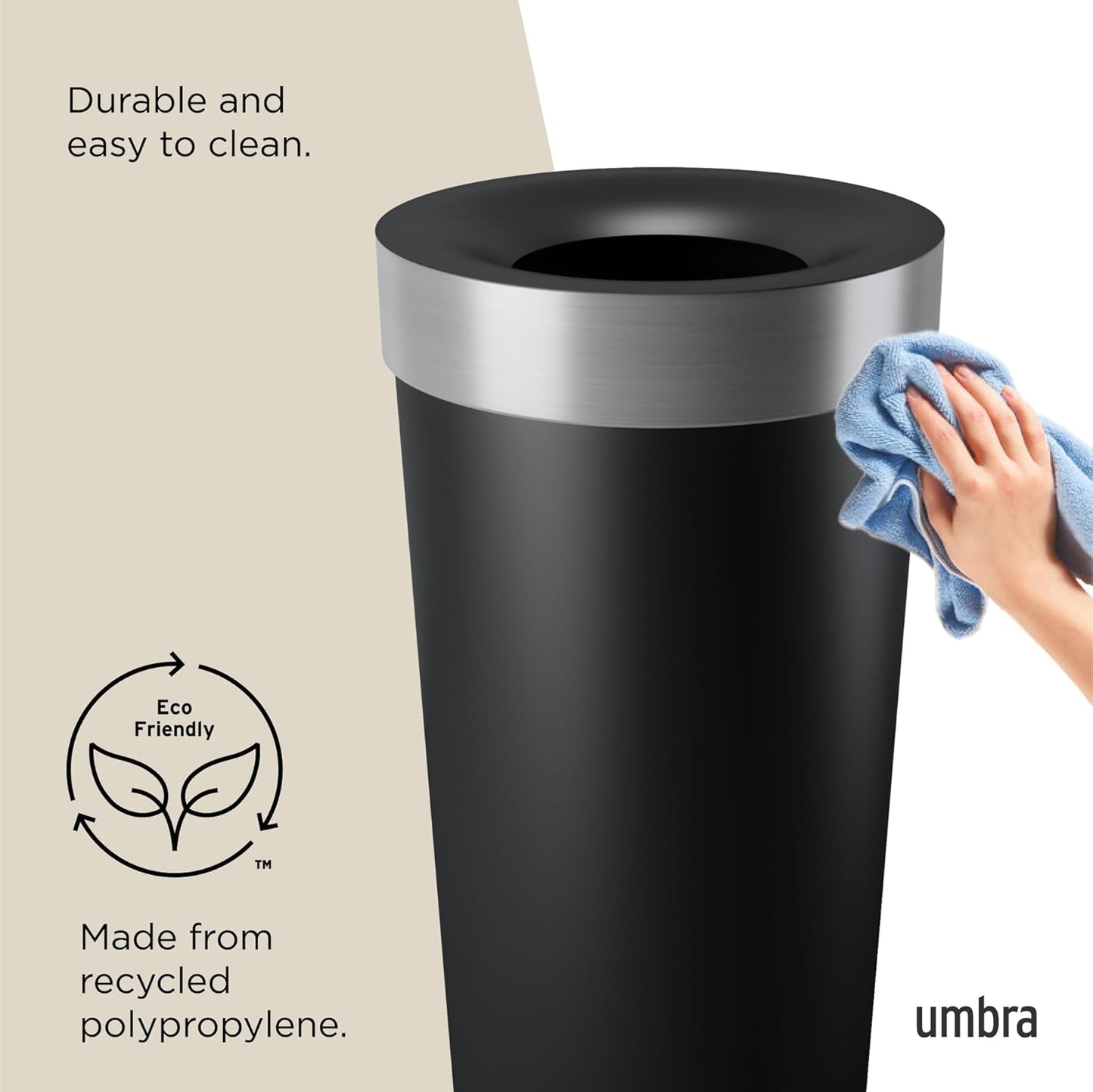 Umbra Vento Kitchen Trash Can with Open Top, Large 16-Gallon (62 L) Capacity, Black/Nickel