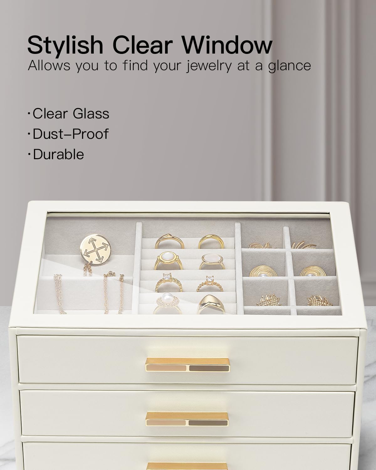 Vlando Jewelry Box for Women, Glass Lid Jewelry Organizer with 3 Drawers for Necklaces Rings Earrings Bracelets Mother Day Gift for Mom - Cloud White