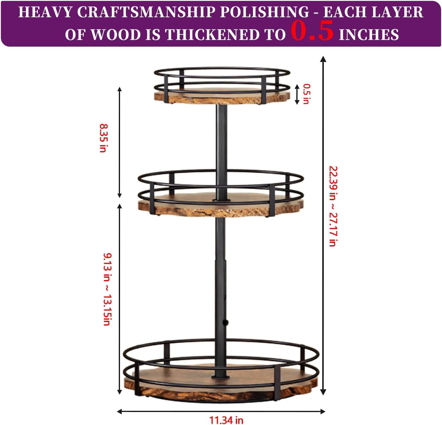 Heavy-Duty 3-Tier Lazy Susan Organizer, Adjustable to Different Heights, Countertop Spice Rack, Upgraded Thickened Wooden Board, Suitable for Seasoning Organizer, Kitchen Organization