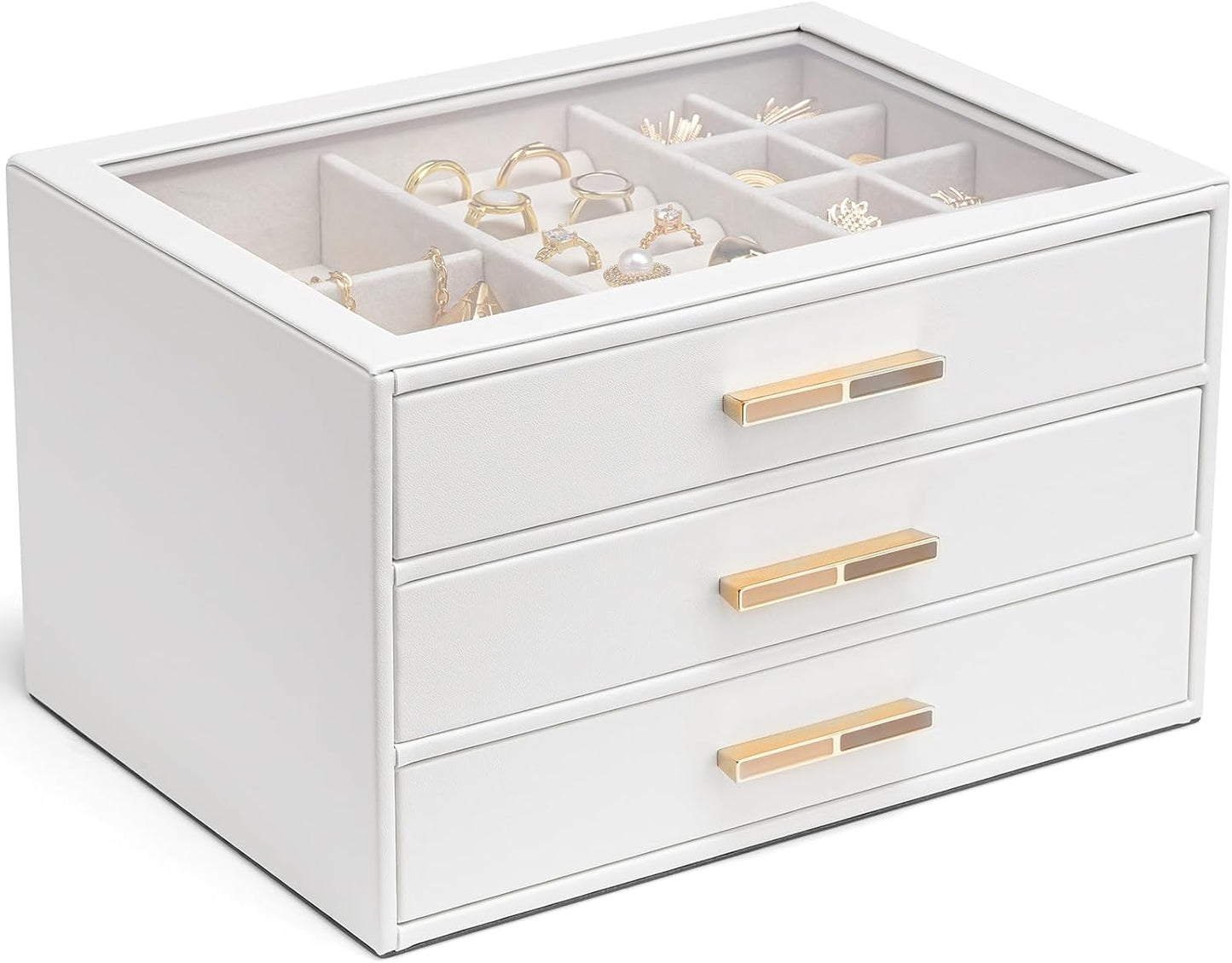 Vlando Jewelry Box for Women, Glass Lid Jewelry Organizer with 3 Drawers for Necklaces Rings Earrings Bracelets Mother Day Gift for Mom - Cloud White