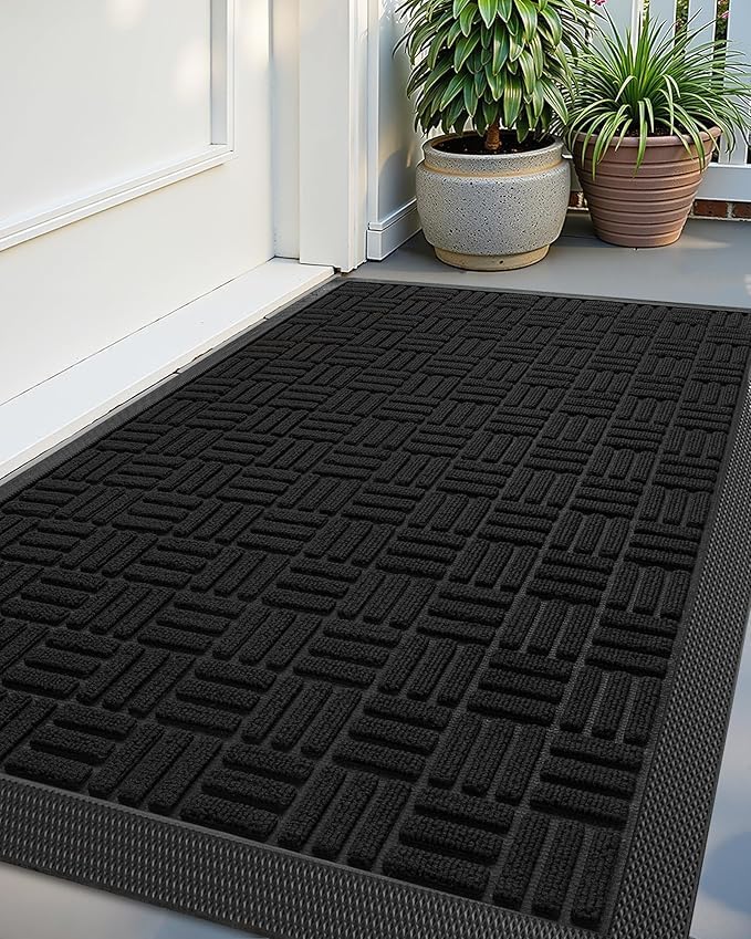 Color&Geometry Front Door Mat Outside Entrance, Heavy Duty Non Slip Low Profile Doormat for Entryway, Trap Dirt and Moisture Welcome Mats All-Weather, Easy Clean, Patio, Garage, 24"x36" Black