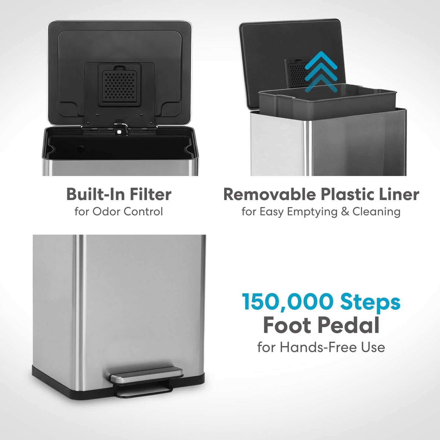 SIMPLI-MAGIC 50 Liter / 13.2 Gallon Soft-Close, Smudge Resistant Trash Can with Foot Pedal and Built in Filter- Stainless Steel, Sleek Finish