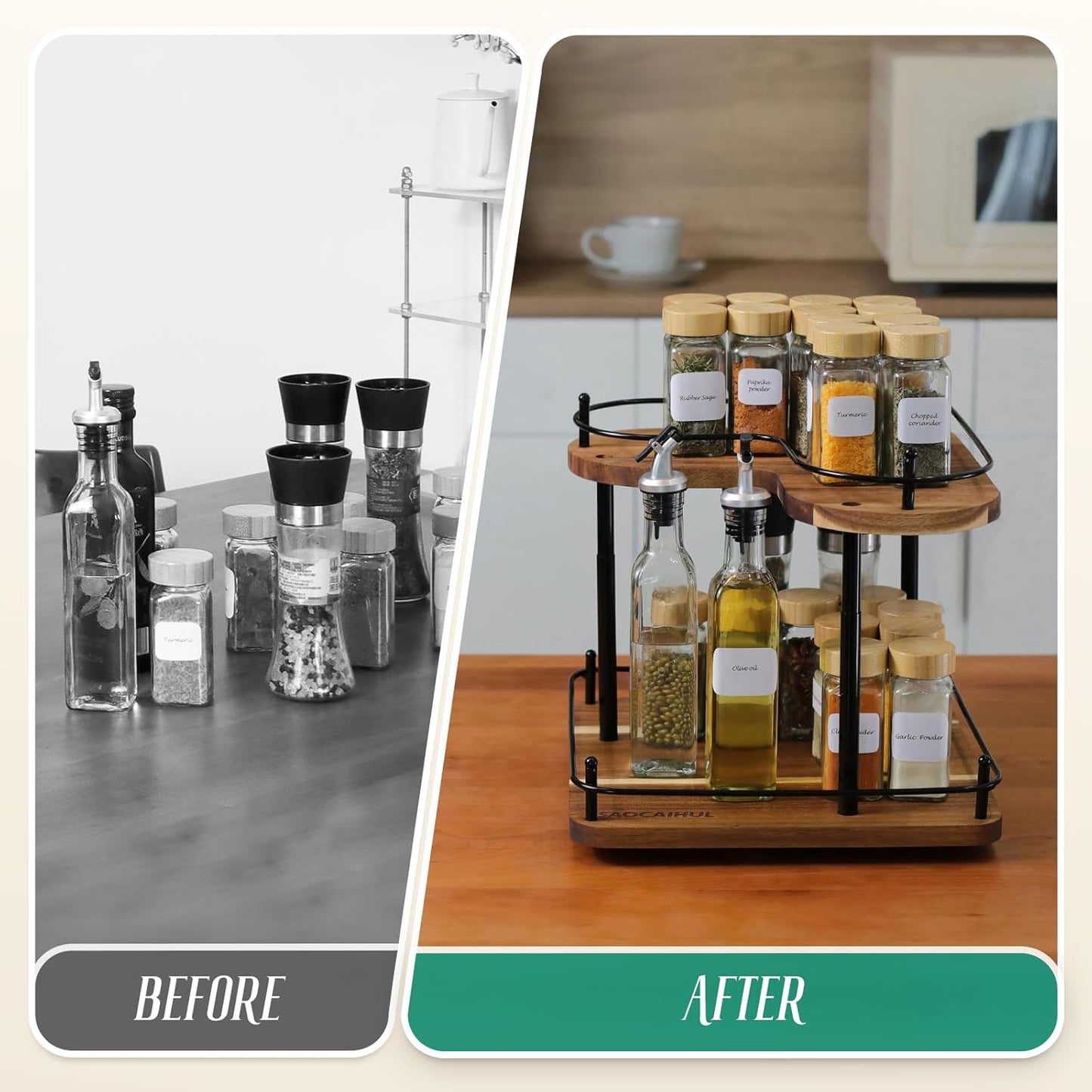 Acacia Wooden Spice Rack Organizer Lazy Susans Rotating Countertop 2 Tiered Display Shelf Kitchen Adjustable Height Spinning Spice Rack 11.8INCH Large Capacity