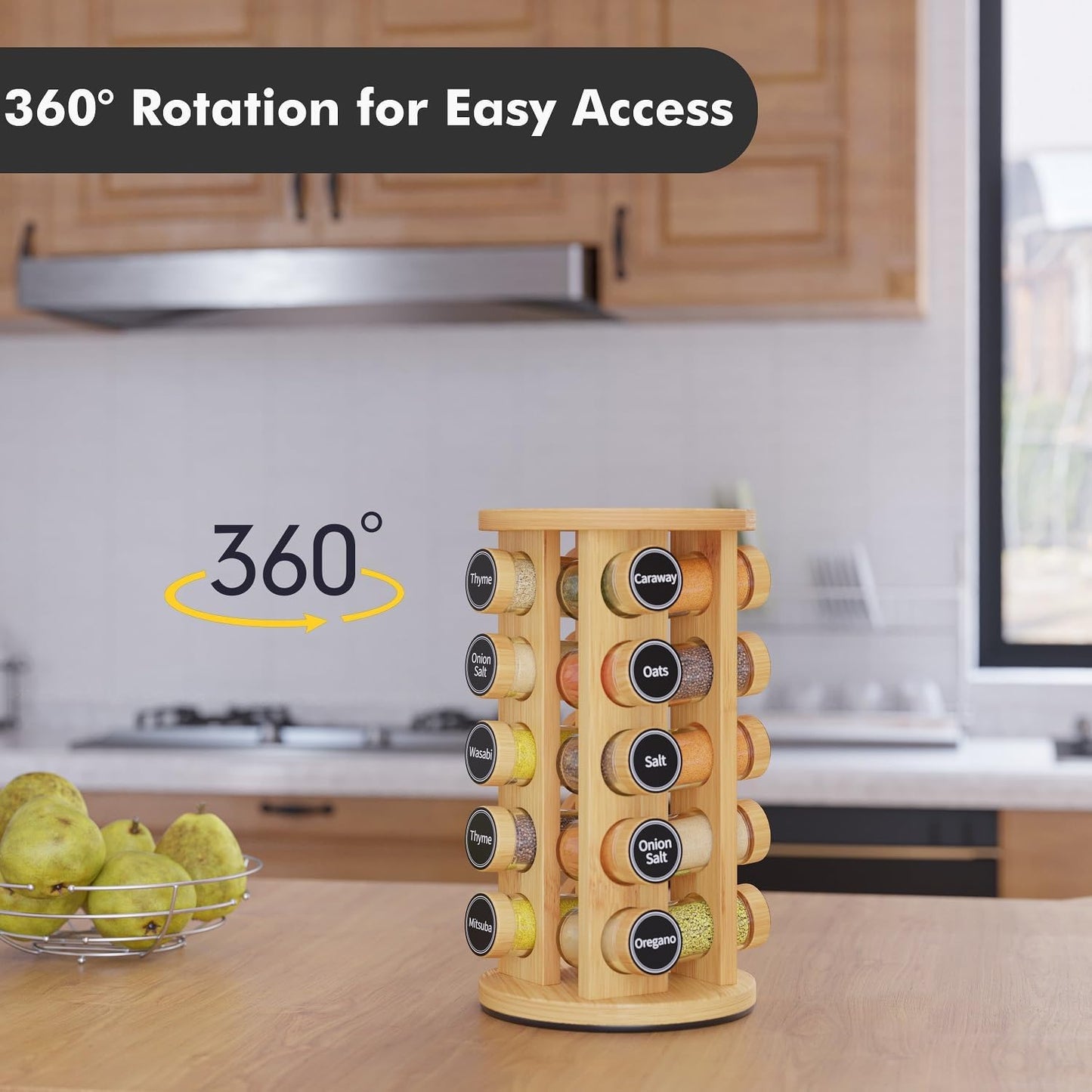 New England Stories Revolving Spice Rack Set with 20 Spice Jars, Kitchen Spice Tower Organizer for Countertop or Cabinet - Carousel Storage Includes 386 Spice Labels (Bamboo)