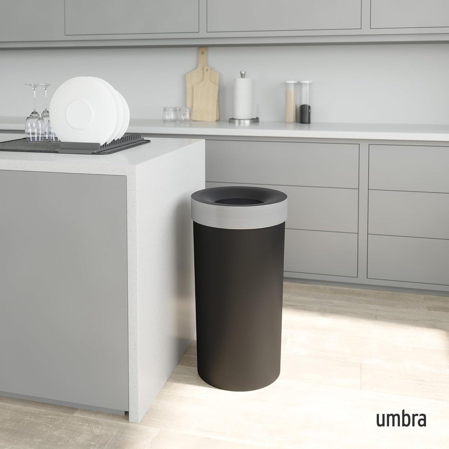 Umbra Vento Kitchen Trash Can with Open Top, Large 16-Gallon (62 L) Capacity, Black/Nickel