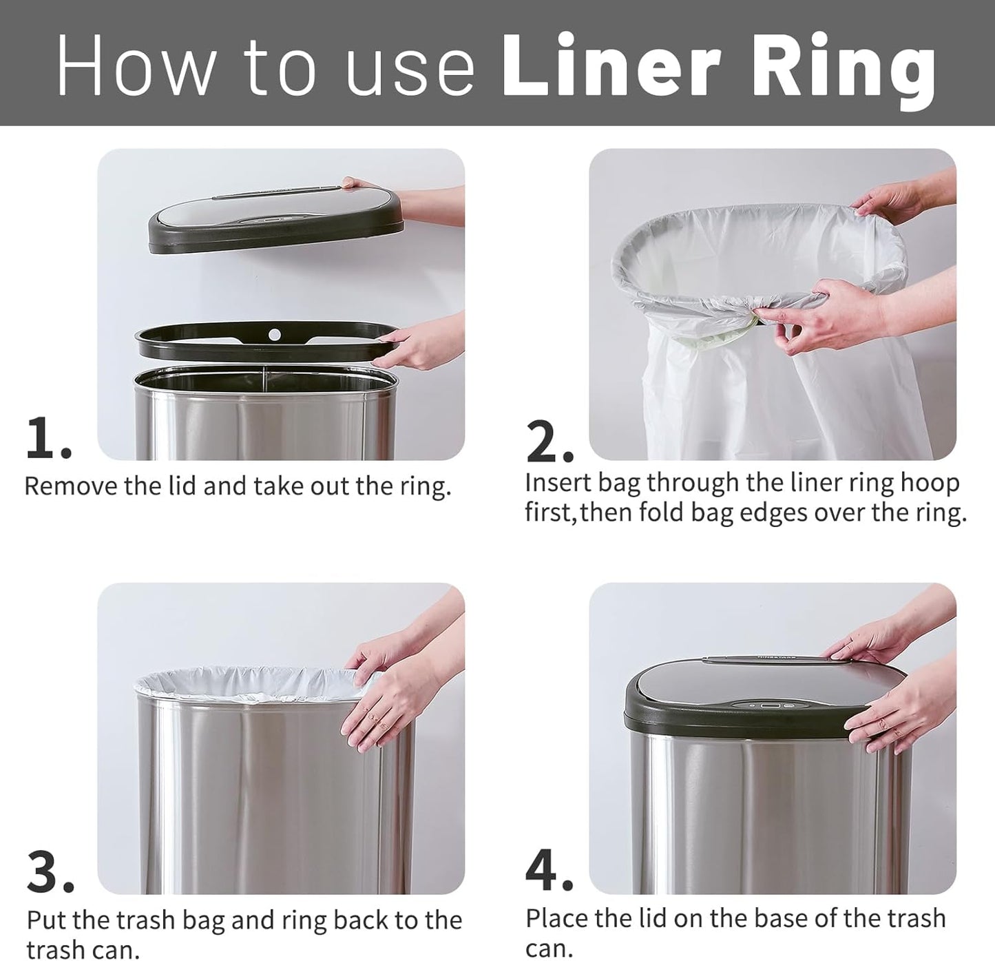 Ninestars Automatic Touchless Infrared Motion Sensor Trash Can, 13 Gal 50L, Stainless Steel Base (Rectangular, Black Lid), Black Trim