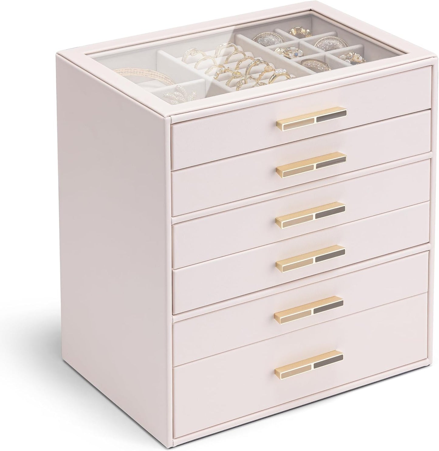 Vlando Jewelry Box for Women, Glass Lid Jewelry Organizer with 3 Drawers for Necklaces Rings Earrings Bracelets Mother Day Gift for Mom - Cloud White