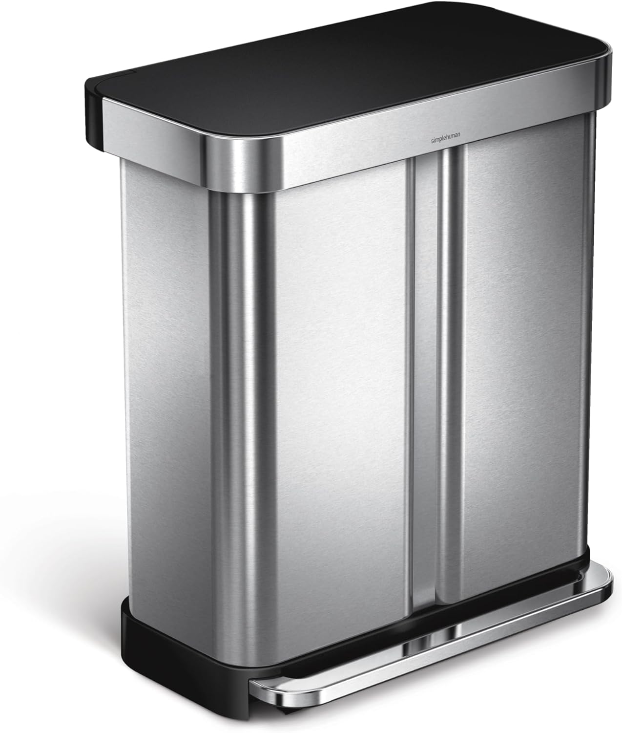 simplehuman 58 Liter / 15.3 Gallon Rectangular Dual Compartment Recycling Step, Brushed Stainless Steel with Soft-Close Plastic Lid Kitchen Trash Can