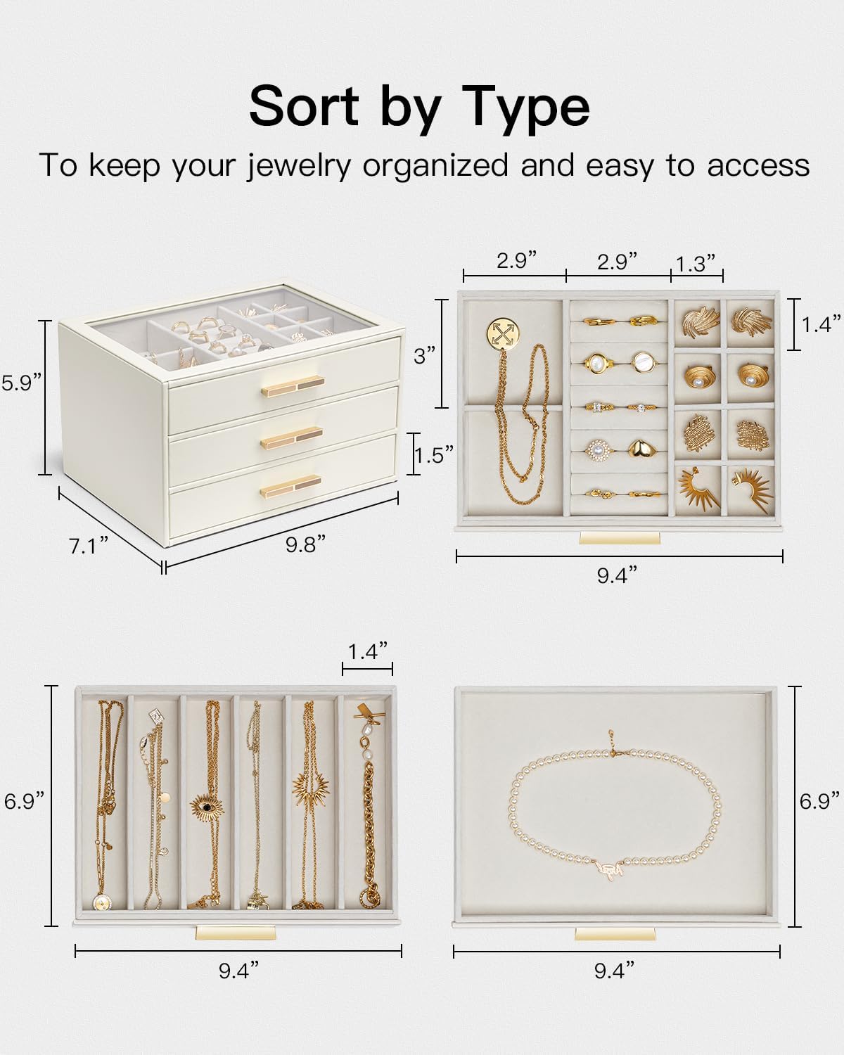 Vlando Jewelry Box for Women, Glass Lid Jewelry Organizer with 3 Drawers for Necklaces Rings Earrings Bracelets Mother Day Gift for Mom - Cloud White