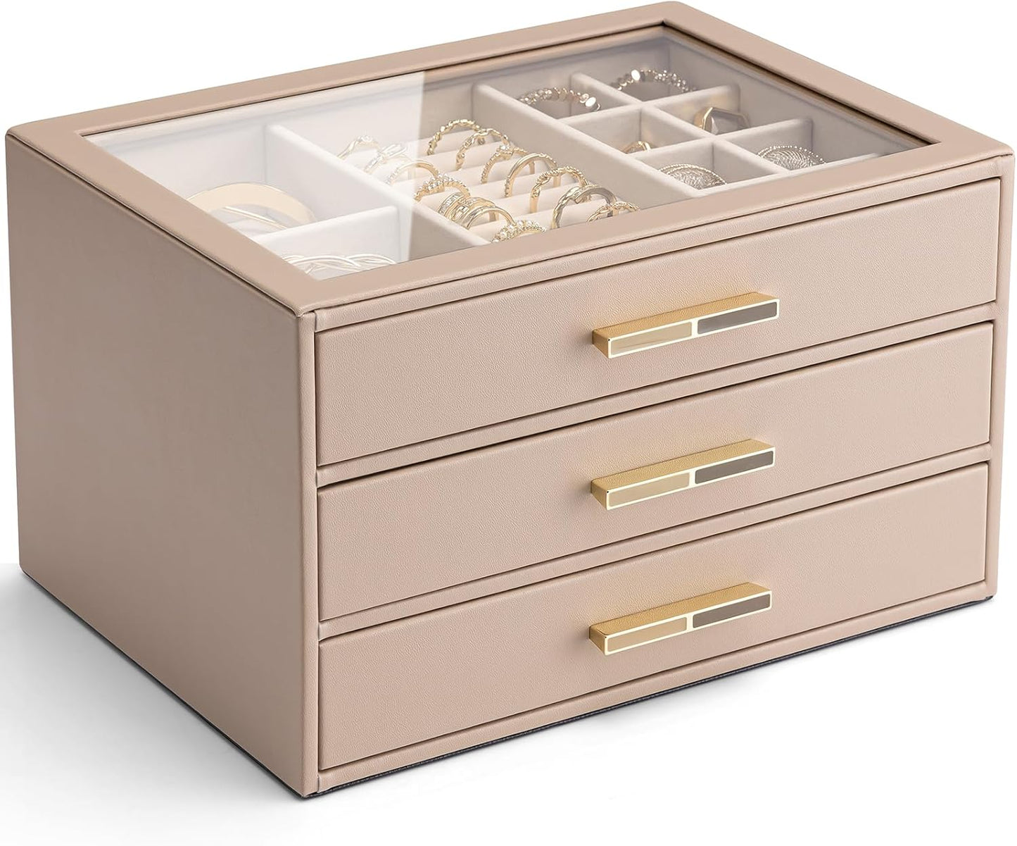 Vlando Jewelry Box for Women, Glass Lid Jewelry Organizer with 3 Drawers for Necklaces Rings Earrings Bracelets Mother Day Gift for Mom - Cloud White