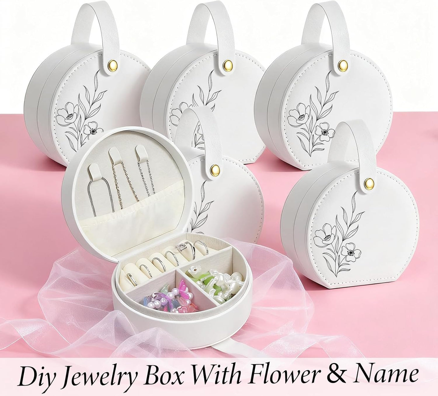 8 Pack Travel Jewelry Case, Bridesmaid Gift Boxes, Portable Mini Jewelrys Holder, Small Round Jewelry Box, PU Leather Small Earring Storage Organizer(White)