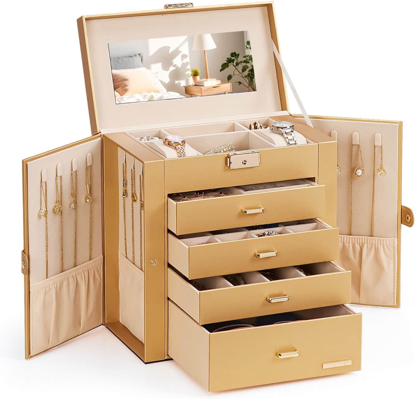 Homde Synthetic Leather Huge Jewelry Box Mirrored Watch Organizer Necklace Ring Earring Storage Lockable Gift Case (White + Gold)