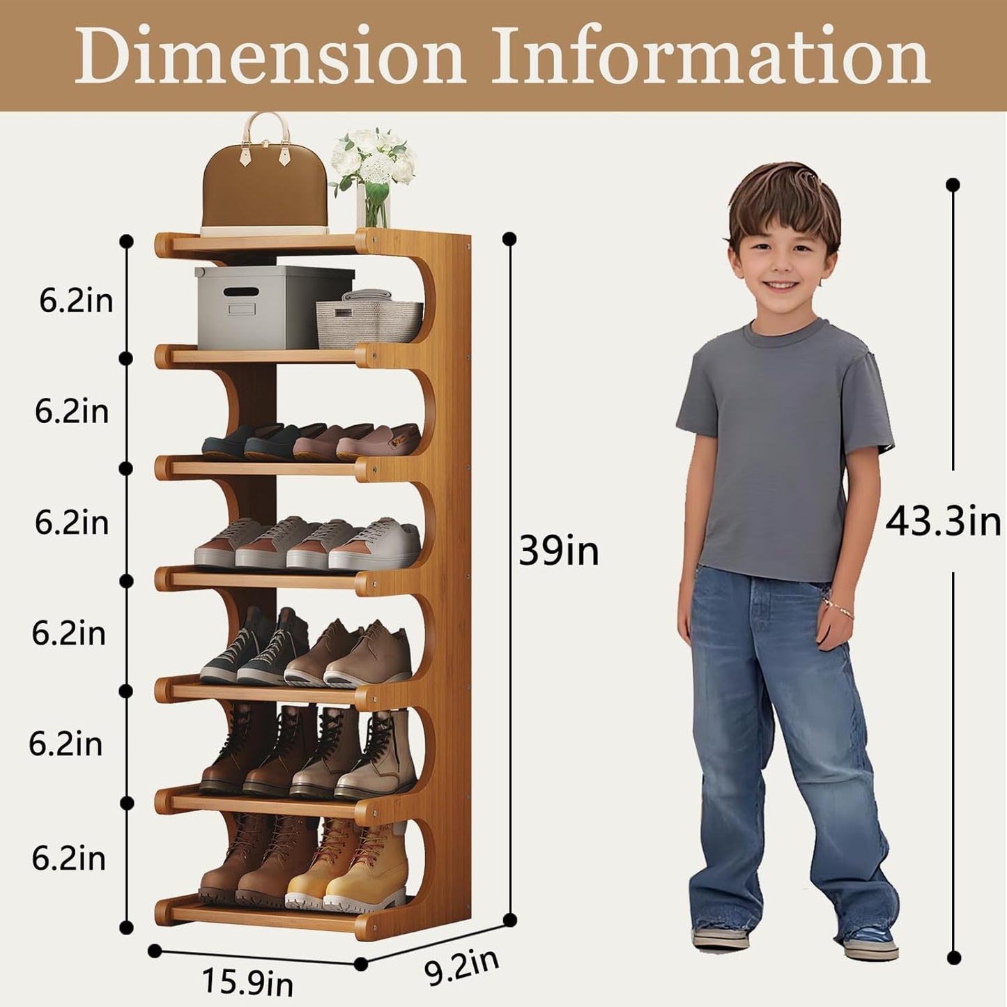 7-Tier Vertical Shoe Rack, Bamboo Free Standing Shoe Rack Shelf, Shoe Storage Stand, Entryway Shoe Tower, Vertical Shoe Organizer for Narrow Closet, Entryway, Hallway