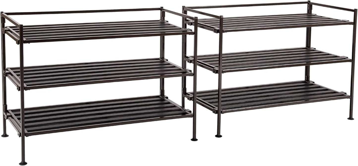 Seville Classics Sturdy Freestanding Storage Shelf for Bedroom, Closet, Entryway, Dorm Room Organizer, Stackable Durable Metal Shoe Rack, Espresso Slat, 3-Tier (2-Pack)
