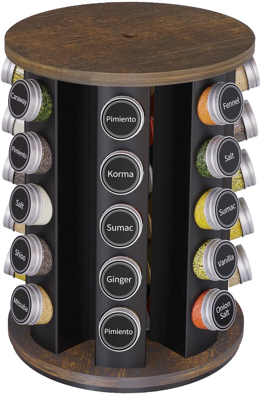 New England Stories Revolving Spice Rack Set with 20 Spice Jars, Kitchen Spice Tower Organizer for Countertop or Cabinet - Carousel Storage Includes 386 Spice Labels (Bamboo)