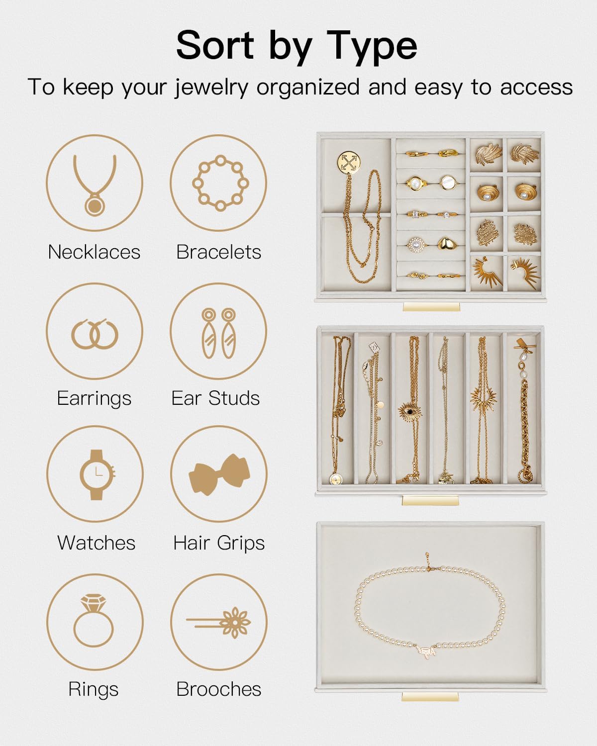 Vlando Jewelry Box for Women, Glass Lid Jewelry Organizer with 3 Drawers for Necklaces Rings Earrings Bracelets Mother Day Gift for Mom - Cloud White