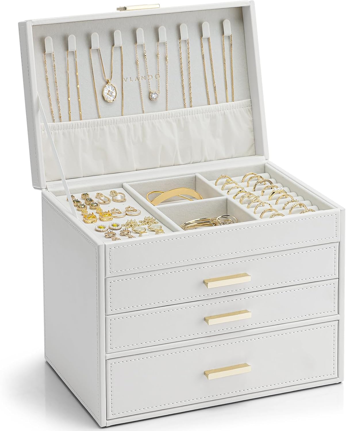 Vlando 6 Layer Large Jewelry Box - Jewelry Holder Organizer, Jewelry Box Organizer for Drawer Necklace Ring Bracelet and Watch, Birthday Gift for Loved Ones - Beige