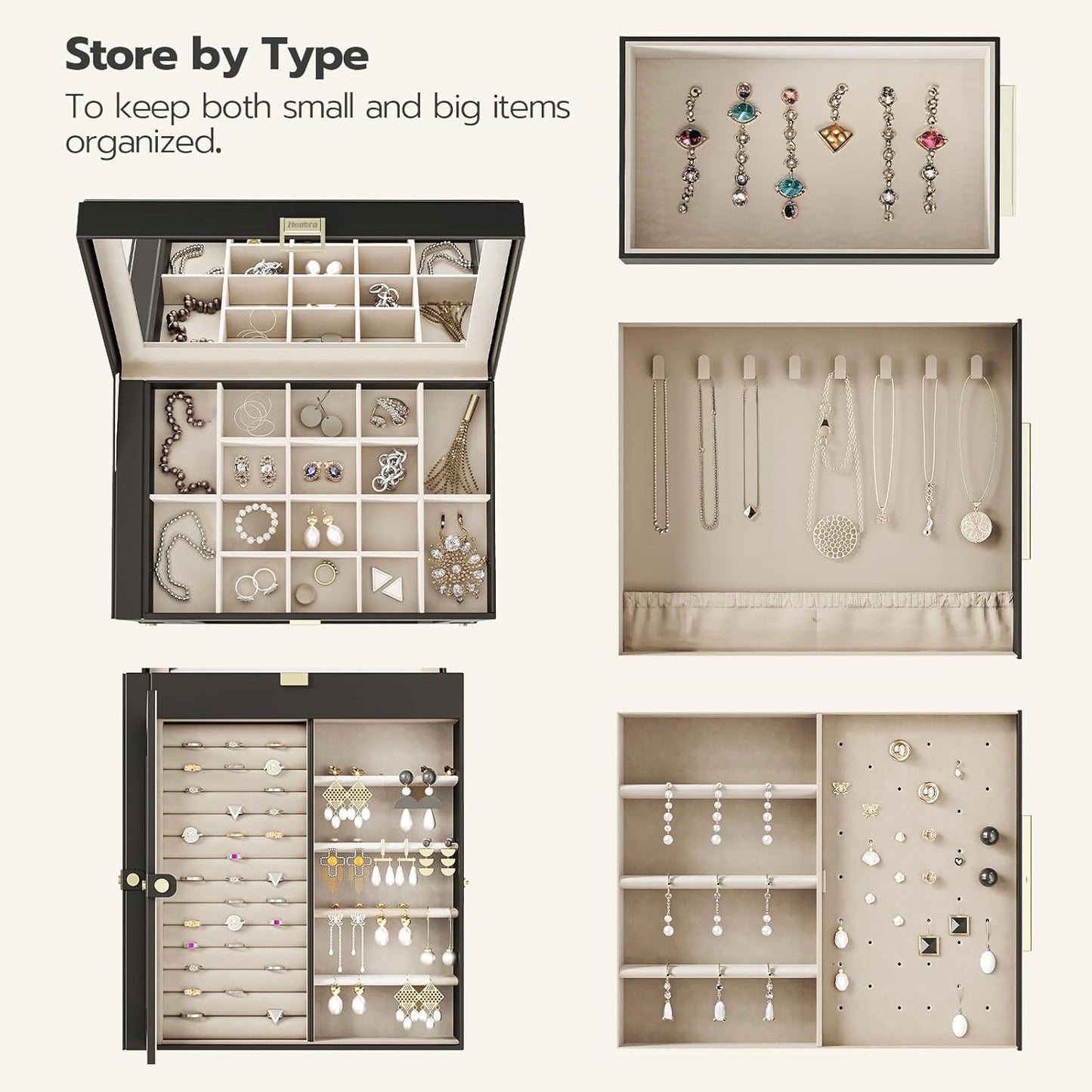 HOOBRO Jewelry Box with Mirror, Travel Jewelry Organizer with Glass Window, Vertical Storage, Christmas Gift, Gift for Loved Ones, for Earrings, Rings, Necklaces, Bracelets, Black BK03JB04G2