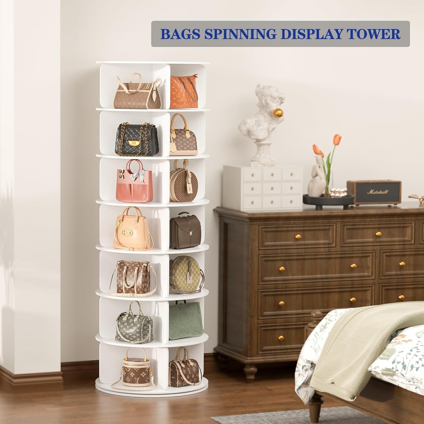 7 Tier Rotating Shoe Rack Tower, Free Standing 360° Shoe organizer Lazy Susan, Bag Display Rack Storage Round Carousel, Neat and Elegant Shoe Storage Solution
